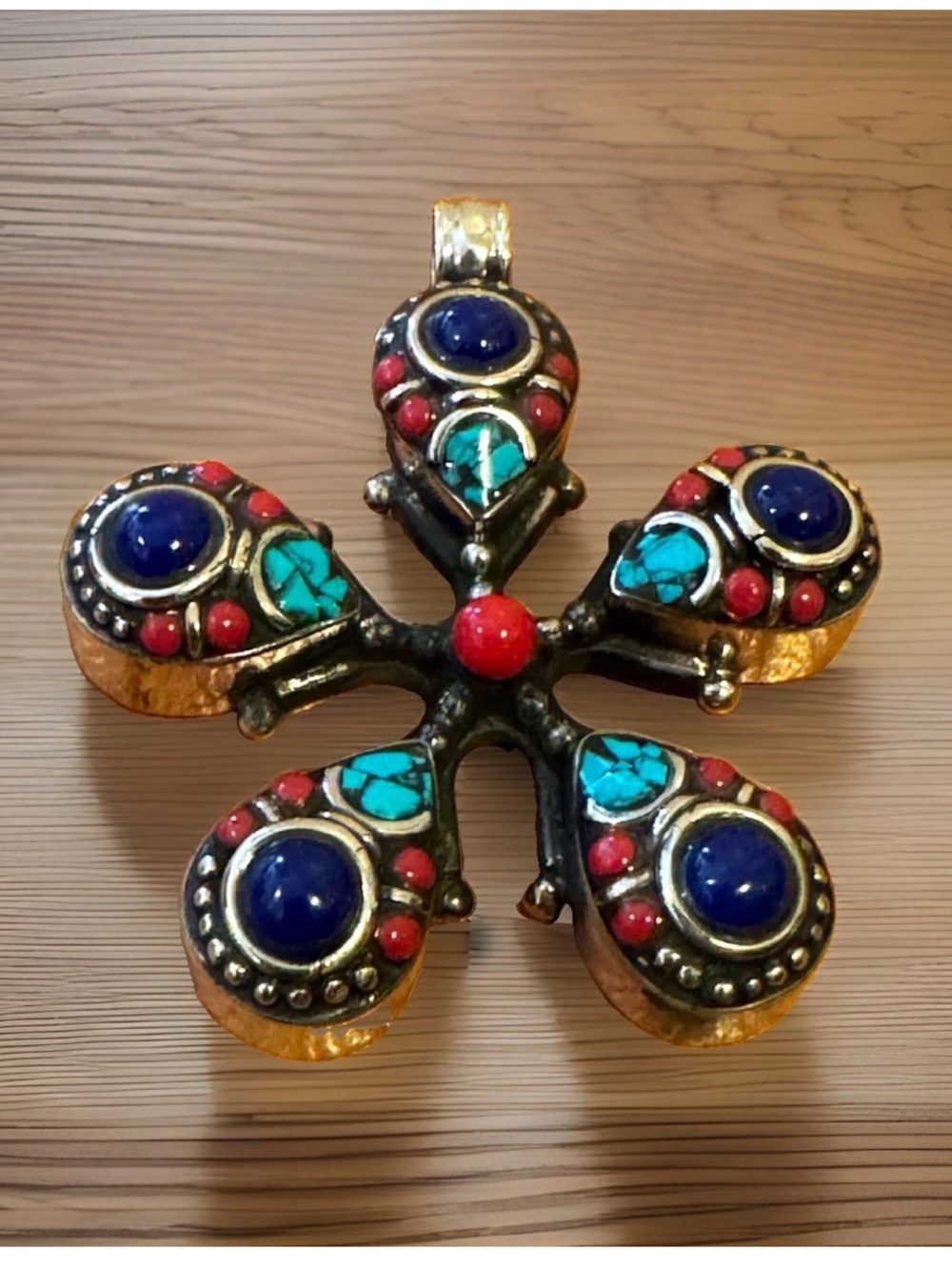 Handcrafted Vintage Style Artisan Floral Pendant Inlay Stones Set In Silver 18gr - Picture 6 of 9